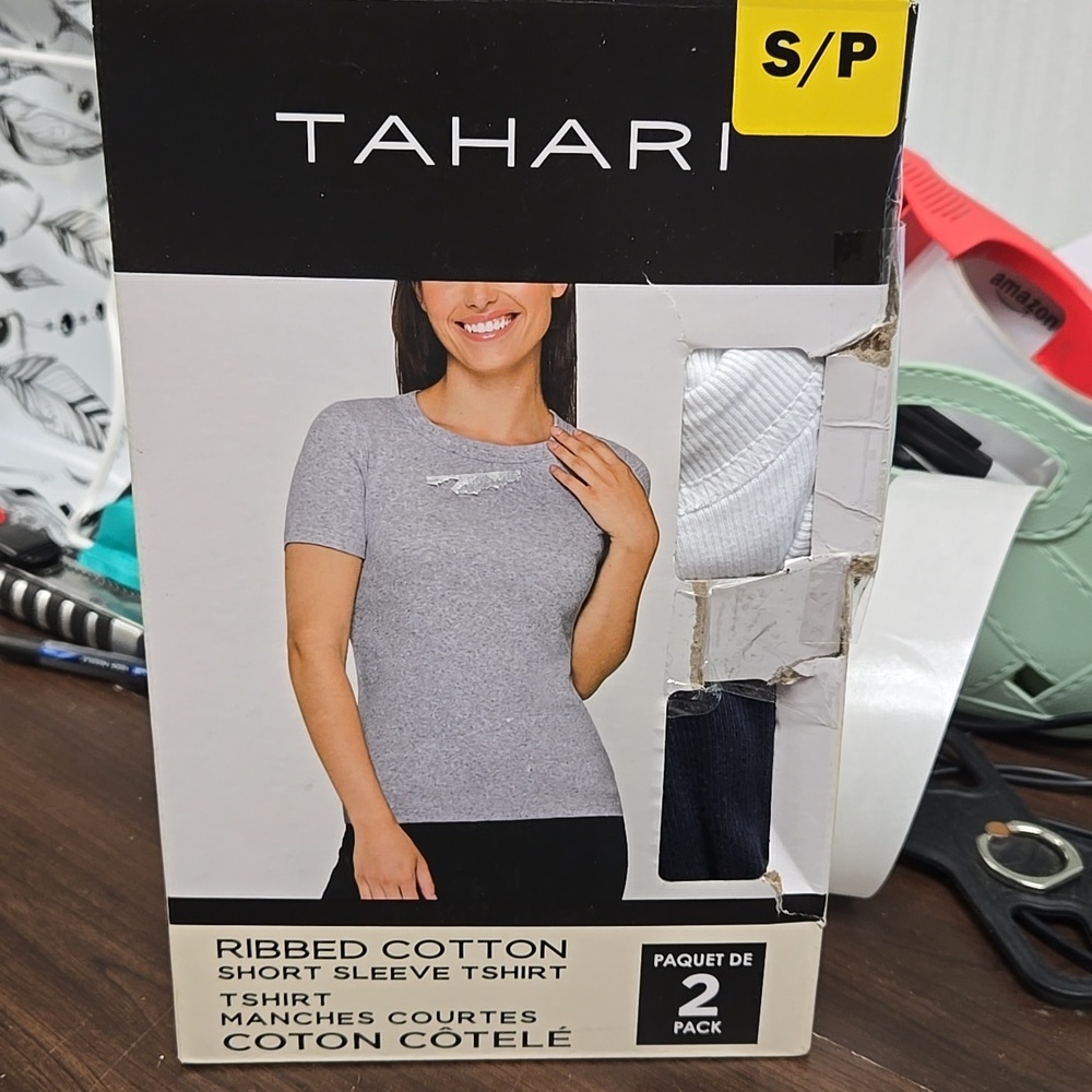 Tahari Size S Navy and White 2 Pack of Ribbed Cotton T-Shirts